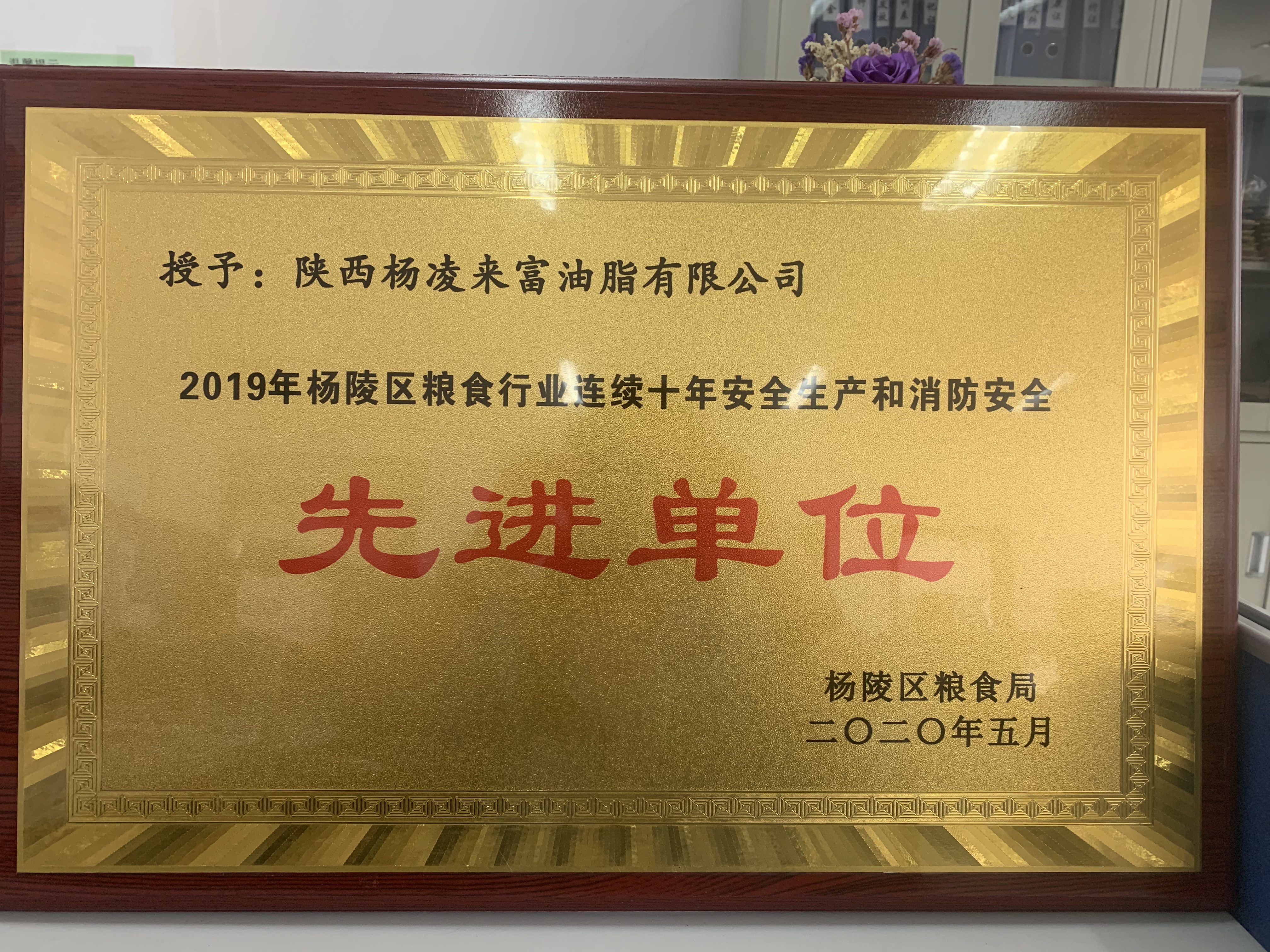 喜報(bào)！陜西糧農(nóng)油脂集團(tuán)楊凌來富公司榮獲楊陵區(qū)糧食行業(yè)連續(xù)十年安全生產(chǎn)和消防安全先進(jìn)單位